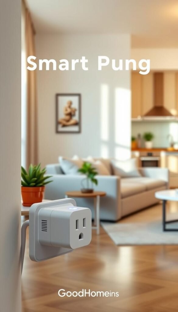 A modern smart plug seamlessly integrated into a stylish, cozy apartment setting. The foreground features the smart plug, designed with a sleek, minimalist style, showcasing its LED indicator light while plugged into a wall outlet. In the middle, a soft, warm-lit living room includes a small potted plant on a side table, a comfortable couch, and tasteful decor items. The background reveals a hint of a well-organized kitchen with a hint of sunlight streaming through a window, creating a bright and inviting atmosphere. The image has a soft focus effect to enhance the warmth and homeliness. This Pinterest-style lifestyle photo conveys the ease and sophistication of living with smart technology in apartments. Brand name: GoodHomeFinds. A modern smart plug seamlessly integrated into a stylish, cozy apartment setting. The foreground features the smart plug, designed with a sleek, minimalist style, showcasing its LED indicator light while plugged into a wall outlet. In the middle, a soft, warm-lit living room includes a small potted plant on a side table, a comfortable couch, and tasteful decor items. The background reveals a hint of a well-organized kitchen with a hint of sunlight streaming through a window, creating a bright and inviting atmosphere. The image has a soft focus effect to enhance the warmth and homeliness. This Pinterest-style lifestyle photo conveys the ease and sophistication of living with smart technology in apartments. Brand name: GoodHomeFinds.
