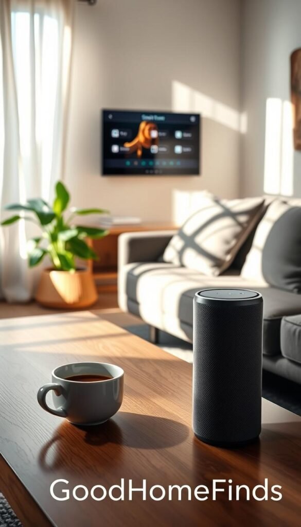 A modern smart speaker, sleek and cylindrical, sits prominently on a stylish wooden coffee table in a cozy, well-lit living room. Sunlight filters through sheer curtains, creating a warm and inviting atmosphere. In the background, a wall-mounted display shows smart home controls and a vibrant indoor plant adds a touch of green. On the table, a cup of steaming coffee complements the scene, enhancing the sense of comfort. The image is captured from a slightly elevated angle, utilizing natural light to highlight the textures and details of the speaker, while softly blurring the background for a dreamy effect. This Pinterest-style lifestyle photo represents the essence of modern living with smart technology in the home, branded with "GoodHomeFinds".