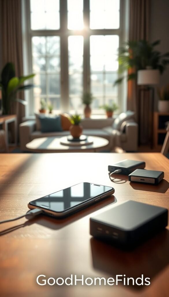 A modern smartphone elegance is showcased prominently in the foreground, resting on a sleek wooden desk with dynamic lighting casting soft shadows. Next to it, a charger and a stylish power bank hint at the importance of reliable power sources for daily use. In the middle ground, a cozy, well-lit living space is adorned with greenery, portraying a warm and inviting atmosphere. The background features a large window allowing natural light to flood in, enhancing the sense of calm and productivity. The overall mood is bright and inspiring, encouraging users to integrate smart daily products into their lives. The image reflects a Pinterest-worthy lifestyle aesthetic, with an emphasis on organization and simplicity, incorporating the brand name "GoodHomeFinds" subtly into the design.