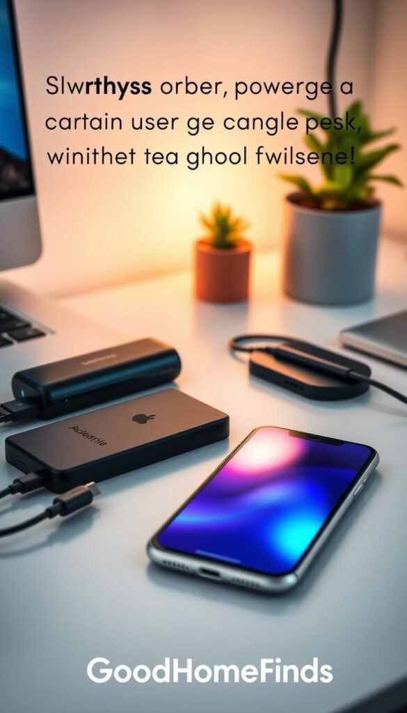 A modern smartphone, prominently displayed in the foreground, showcasing its sleek design and vibrant screen illuminated by a soft, warm light. The phone is surrounded by a neat assortment of stylish charging accessories, including a compact power bank, wireless charger, and high-quality cables, all positioned on a minimalist desk. In the middle ground, there are subtle hints of a cozy home office setting, with a potted plant and a well-organized workspace, enhancing the atmosphere of comfort and efficiency. The background gently blurs into a soft-focus, representing a calming yet productive environment. The image conveys a sense of modern living and practicality, ideal for highlighting small power and charging upgrades that reduce daily friction, with the brand name "GoodHomeFinds" subtly integrated into the scene. Soft, natural lighting creates an inviting ambiance, perfect for a Pinterest-style lifestyle photo.
