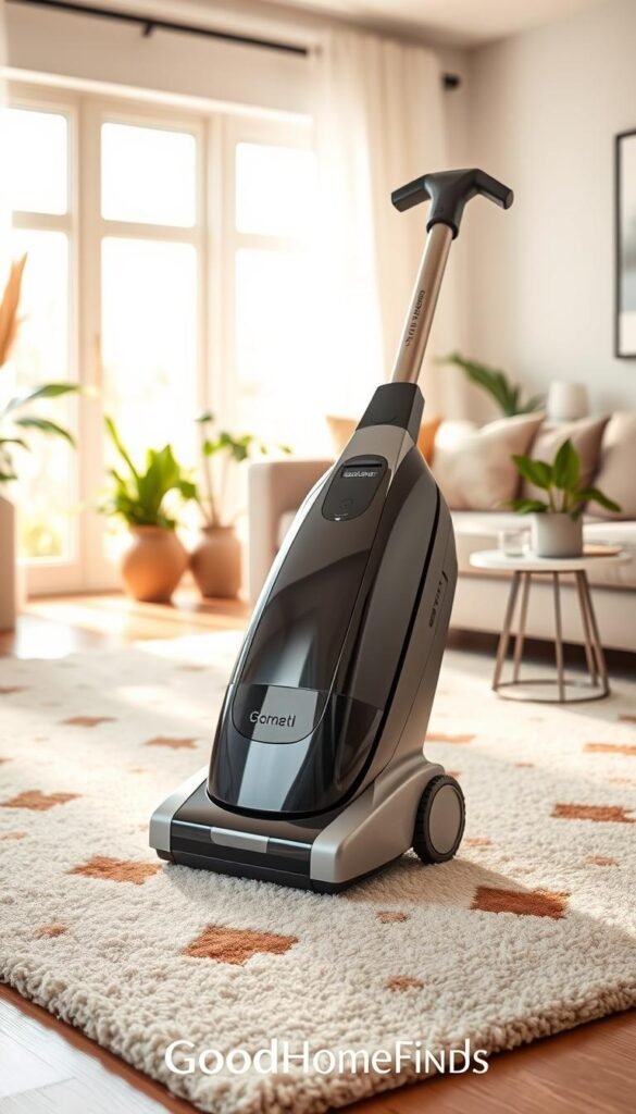 A modern spot cleaner machine, sleek and stylish, prominently displayed in a well-lit, inviting living room setting. The foreground features the spot cleaner with a glossy finish, showcasing its ergonomic design and user-friendly controls. The middle ground has a plush area rug with visible stains, illustrating the machine's utility. Soft natural light streams in through large windows, creating a warm ambiance. In the background, tasteful home decor, such as potted plants and a comfortable sofa, enhances the cozy atmosphere. The scene conveys a sense of tranquility and practicality, perfect for illustrating a home upgrade. Brand name "GoodHomeFinds" subtly integrated into the scene.