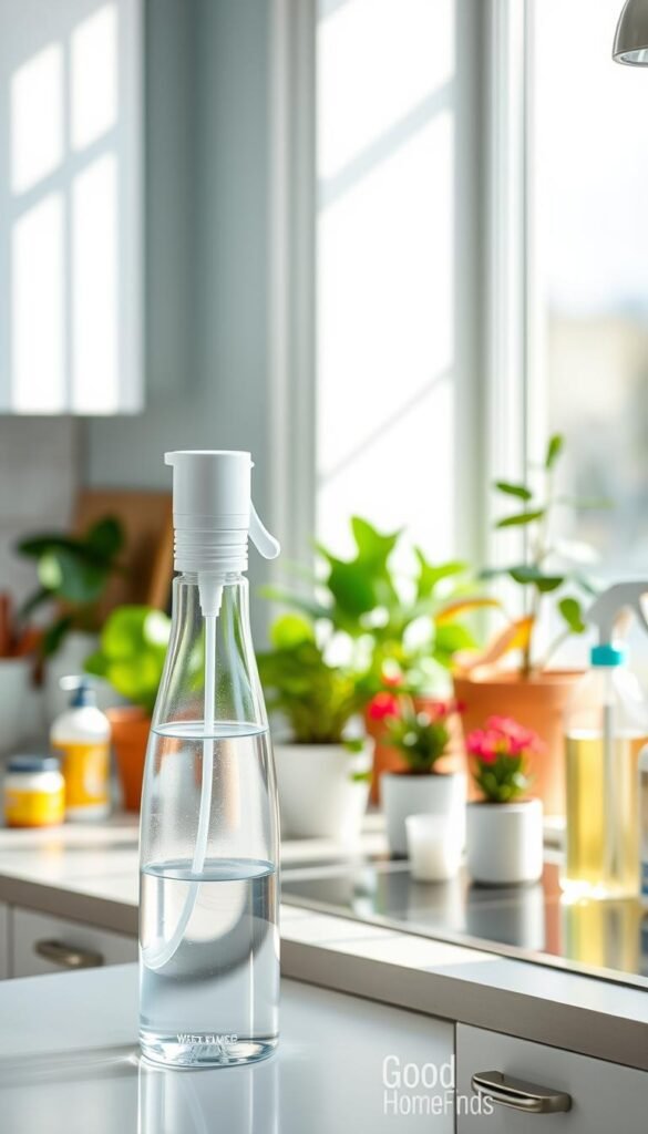 A modern spray bottle upgrade designed for ease in chores and plant care, elegantly positioned in a bright, airy kitchen setting. In the foreground, the sleek, transparent continuous mister is filled with water, showcasing a misting nozzle and a clean ergonomic design. The middle ground features a stylish countertop adorned with vibrant potted plants and essential cleaning supplies, highlighting the functionality of the spray bottle. In the background, soft, natural light filters through a window, casting gentle shadows and enhancing the fresh atmosphere. The scene conveys a sense of organization and tranquility, evoking the convenience of innovative home finds. Brand name &ldquo;GoodHomeFinds&rdquo; subtly integrated into the design of the spray bottle. Ideal for a Pinterest-style lifestyle image, focusing on home aesthetics without any text.