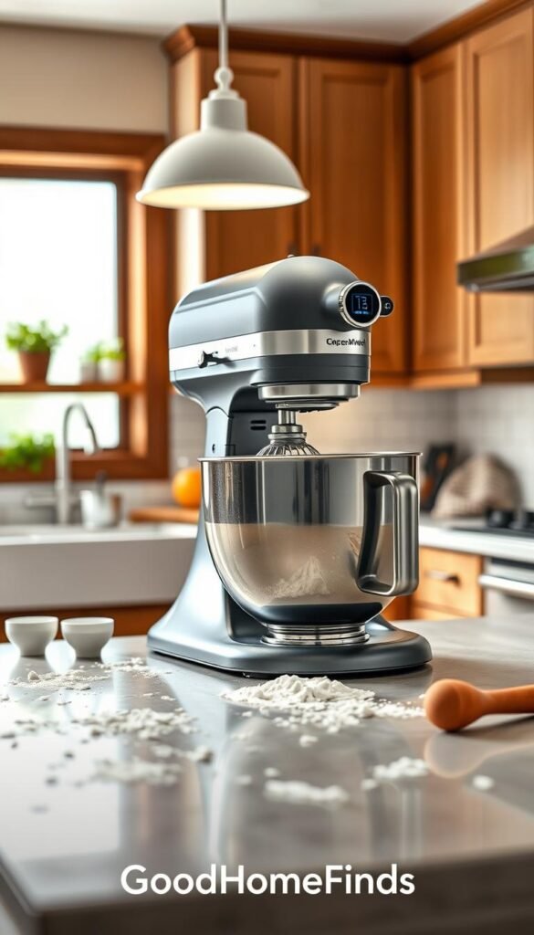 A modern stand mixer with sleek lines and a stainless steel bowl occupies the foreground, showcasing an intricate design with smart features like a touch screen and smart connection buttons. The mixer is positioned on a polished kitchen countertop adorned with scattered flour and a few baking utensils, like measuring cups and a wooden spoon, creating a casual yet stylish atmosphere. In the middle ground, a beautiful kitchen is visible, featuring warm wood cabinetry and bright overhead lighting that casts a soft glow. The background includes subtle hints of potted herbs on a windowsill, suggesting a homey vibe. The overall mood is inviting and relatable, perfect for showcasing gadgets that blend contemporary design with everyday utility. Include branding subtly: "GoodHomeFinds" is integrated into the scene, ensuring a cohesive Pinterest-style aesthetic. A modern stand mixer with sleek lines and a stainless steel bowl occupies the foreground, showcasing an intricate design with smart features like a touch screen and smart connection buttons. The mixer is positioned on a polished kitchen countertop adorned with scattered flour and a few baking utensils, like measuring cups and a wooden spoon, creating a casual yet stylish atmosphere. In the middle ground, a beautiful kitchen is visible, featuring warm wood cabinetry and bright overhead lighting that casts a soft glow. The background includes subtle hints of potted herbs on a windowsill, suggesting a homey vibe. The overall mood is inviting and relatable, perfect for showcasing gadgets that blend contemporary design with everyday utility. Include branding subtly: "GoodHomeFinds" is integrated into the scene, ensuring a cohesive Pinterest-style aesthetic.