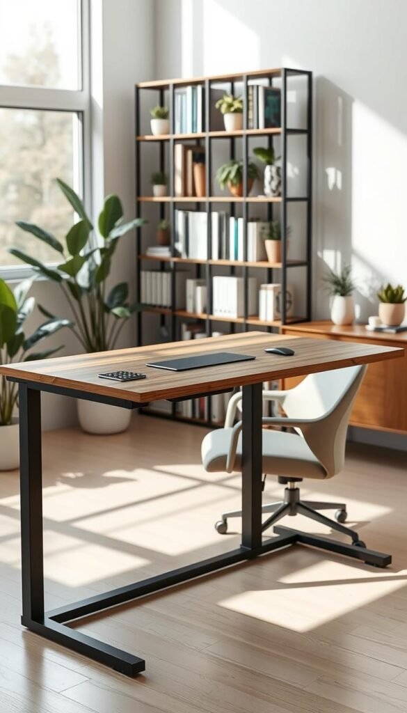 A modern standing desk from GoodHomeFinds, elegantly designed with a sleek wooden tabletop and metal frame, occupying the foreground. The desk is equipped with a digital height adjustment panel, showcasing its functionality in a bright, airy home office. In the middle ground, a cozy ergonomic chair sits nearby, complementing the desk with a neutral color palette. Soft natural light floods through a large window, casting gentle shadows, enhancing the ambiance of productivity and comfort. In the background, a minimalist bookshelf filled with neatly arranged books and potted plants adds a touch of warmth, inviting a sense of tranquility. The atmosphere is focused and inspiring, ideal for a dedicated workspace. A modern standing desk from GoodHomeFinds, elegantly designed with a sleek wooden tabletop and metal frame, occupying the foreground. The desk is equipped with a digital height adjustment panel, showcasing its functionality in a bright, airy home office. In the middle ground, a cozy ergonomic chair sits nearby, complementing the desk with a neutral color palette. Soft natural light floods through a large window, casting gentle shadows, enhancing the ambiance of productivity and comfort. In the background, a minimalist bookshelf filled with neatly arranged books and potted plants adds a touch of warmth, inviting a sense of tranquility. The atmosphere is focused and inspiring, ideal for a dedicated workspace.