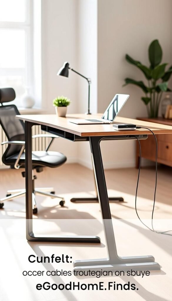 A modern standing desk in a stylish home office setting, showcasing innovative cable-free routing that prevents snagging or breakage. In the foreground, a sleek wooden desk with an ergonomic design is adorned with minimalistic accessories like a potted plant and a laptop. The middle ground includes neatly organized cables routed along the desk&rsquo;s edge, cleverly hidden from view, highlighting the clean aesthetic. In the background, soft, natural light streams through a large window, illuminating the room and casting gentle shadows. A comfortable office chair sits nearby, and the overall mood is inspiring and productive. The scene reflects a contemporary lifestyle, evoking a sense of clarity and efficiency, branded with 'GoodHomeFinds' subtly integrated into the desk accessories.