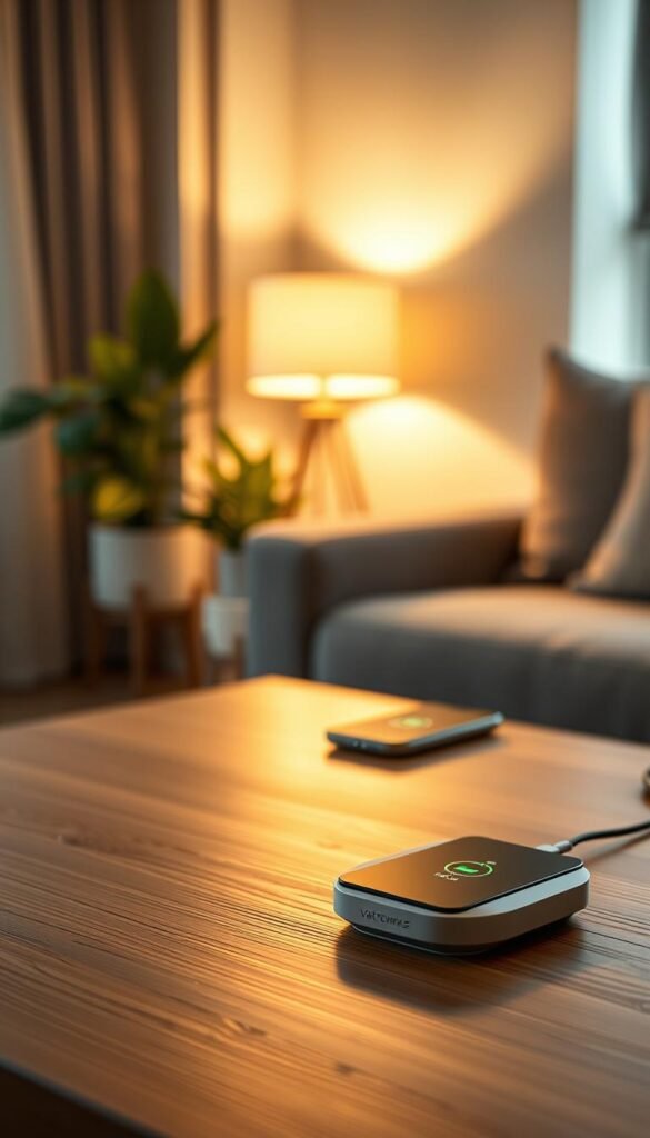 A modern, stylish IKEA V&Auml;STM&Auml;RKE wireless charger is prominently displayed in the foreground, showcasing its sleek design and compact size. The charger is illuminated by warm, soft lighting, highlighting its smooth surface and minimalist aesthetic. In the middle ground, a contemporary wooden table serves as the backdrop, adorned with a smartphone resting on the charger, indicating the charging process with a subtle glow. In the background, a cozy, inviting living space can be seen, featuring a soft, neutral color palette with indoor plants and a stylish lamp, creating a serene atmosphere. The image evokes a sense of convenience and modernity, perfect for tech-savvy consumers. Capture this lifestyle scene with a warm, inviting ambiance, using a shallow depth of field to draw focus on the charger. GoodHomeFinds.