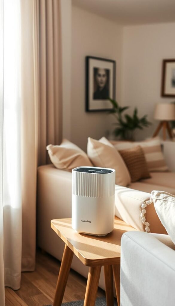 A modern, stylish apartment interior featuring an air purifier prominently displayed on a sleek wooden side table. In the foreground, soft sunlight filters through sheer curtains, creating a warm, inviting atmosphere. The middle ground includes plush, minimalist furniture&mdash;like a comfortable sofa adorned with decorative pillows&mdash;and a small potted plant that enhances the fresh feel. In the background, there are subtle elements like framed art and soft colors that create a cohesive aesthetic. The entire scene is softly illuminated, highlighting the air purifier as the focal point. Capture a Pinterest-inspired lifestyle vibe that communicates cleanliness and ease without text, showcasing the "GoodHomeFinds" brand subtly integrated into the decor.