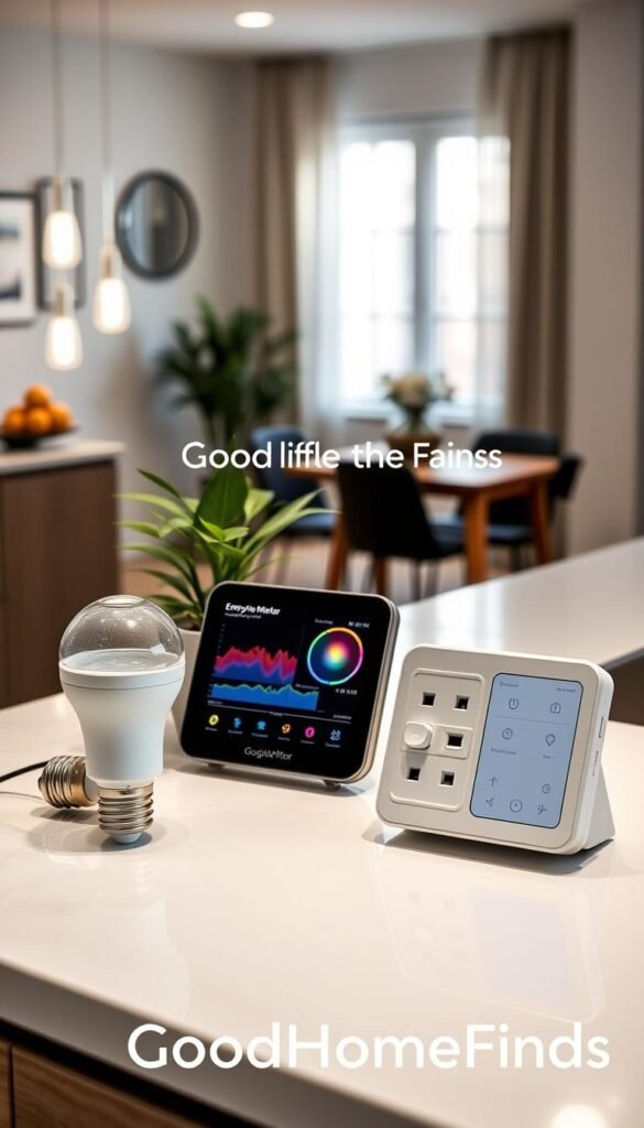 A modern, stylish apartment kitchen, featuring energy-efficient gadgets and smart home devices on a pristine countertop. In the foreground, a sleek LED light bulb and a compact smart power strip are prominently displayed, symbolizing energy savings. The middle ground showcases a digital energy monitor with vibrant graphs, alongside a potted plant for a touch of nature, emphasizing safety and environmental consciousness. The background reveals a cozy dining area with soft, warm lighting, giving a homely yet sophisticated feel. The scene is captured from a slightly elevated angle with natural light filtering through a window, casting gentle shadows. The overall mood is inviting and innovative, promoting a sense of modern living. The brand name "GoodHomeFinds" is subtly included in the composition, enhancing the lifestyle aesthetic.