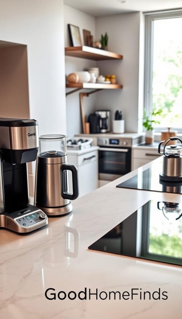 A modern, stylish apartment kitchen filled with the latest tech gadgets that maximize functionality and aesthetics. In the foreground, a polished marble countertop showcases a sleek coffee maker, a high-tech blender, and a compact food processor, all organized neatly. The middle ground features a spotless oven integrated with smart controls and a chic induction cooktop. In the background, bright natural light floods through a large window, illuminating greenery outside. The walls are adorned with minimalistic decor, and wooden shelves display contemporary kitchenware. Capture the scene with a warm, inviting atmosphere, using soft diffused lighting while maintaining a shallow depth of field to focus on the counter tech. The style should evoke a Pinterest-inspired lifestyle photo, highlighting modern living with the brand name "GoodHomeFinds" subtly integrated into the design elements. A modern, stylish apartment kitchen filled with the latest tech gadgets that maximize functionality and aesthetics. In the foreground, a polished marble countertop showcases a sleek coffee maker, a high-tech blender, and a compact food processor, all organized neatly. The middle ground features a spotless oven integrated with smart controls and a chic induction cooktop. In the background, bright natural light floods through a large window, illuminating greenery outside. The walls are adorned with minimalistic decor, and wooden shelves display contemporary kitchenware. Capture the scene with a warm, inviting atmosphere, using soft diffused lighting while maintaining a shallow depth of field to focus on the counter tech. The style should evoke a Pinterest-inspired lifestyle photo, highlighting modern living with the brand name "GoodHomeFinds" subtly integrated into the design elements.