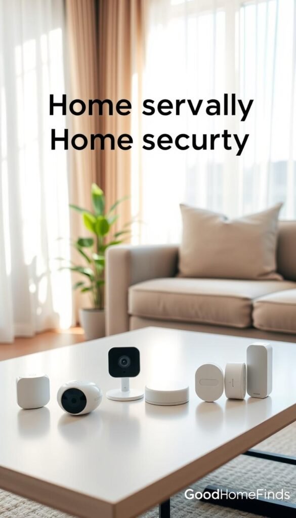 A modern, stylish apartment living room featuring renter-friendly home security solutions. In the foreground, a sleek, minimalist coffee table with smart home devices like a compact indoor camera and door/window sensors displayed stylishly. The middle ground presents a cozy sofa with neutral-colored cushions, next to a potted plant, creating a warm atmosphere. In the background, a large window with light filtering through sheer curtains, emphasizing a bright, inviting space. The lighting is soft and natural, capturing a serene afternoon vibe. The scene conveys safety and peace of mind while being aesthetically pleasing. Brand name "GoodHomeFinds" subtly integrated into the decor. Photography style reminiscent of Pinterest lifestyle photos, shot at an angle that invites the viewer into the space.