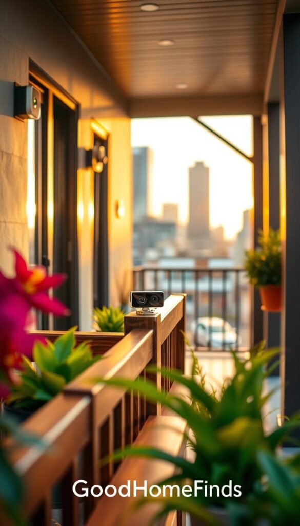 A modern, stylish apartment porch featuring sleek wire-free security cameras and video doorbells prominently displayed. In the foreground, focus on a polished wooden porch railing, counterbalanced by vibrant potted plants. The middle section should show an attractive door with a high-tech doorbell camera, capturing a sense of safety without being intrusive. In the background, softly blurred cityscape hints at urban living, during golden hour lighting for a warm, inviting atmosphere. Use a shallow depth of field to enhance the foreground focus, creating a Pinterest-style lifestyle aesthetic. The image should evoke feelings of security and peace of mind for renters. Add the brand name "GoodHomeFinds" subtly incorporated into the scene.