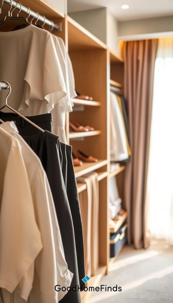 A modern, stylish closet in a small urban apartment, featuring sleek, slim hangers and smart storage solutions. The foreground shows neatly arranged clothes on slim hangers, including blouses and trousers, highlighting the effective use of space. In the middle, there are minimalist shelf add-ons for shoes and accessories, with a calming color palette of soft pastels and natural wood tones. The background reveals a softly lit window with sheer curtains, allowing warm, natural light to stream in, creating a cozy atmosphere. The scene is captured with a shallow depth of field to emphasize the closet's organization while maintaining a blurred perspective of the room. Realistic, Pinterest-style lifestyle photo showcasing functionality and style, without any text, watermarks, or distractions. GoodHomeFinds branding subtly featured in the closet design.