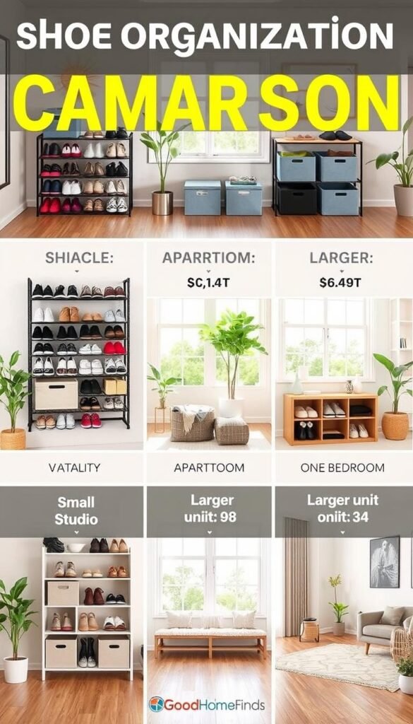 A modern, stylish comparison table showcasing different shoe organization setups suitable for various apartment sizes, with each section displayed clearly. In the foreground, there are well-organized shoe racks, stylish bins, and unique storage solutions arranged aesthetically. In the middle, a variety of-size apartments&mdash;small studio, one-bedroom, and larger units&mdash;illustrate how to implement these setups. The background features a bright, inviting apartment interior with soft, natural lighting coming through large windows. A cozy atmosphere is created with a warm color palette, showcasing greenery and comfortable decor. This Pinterest-style lifestyle image, branded with "GoodHomeFinds," avoids any text or distractions, focusing solely on the visual appeal of the shoe organization solutions.