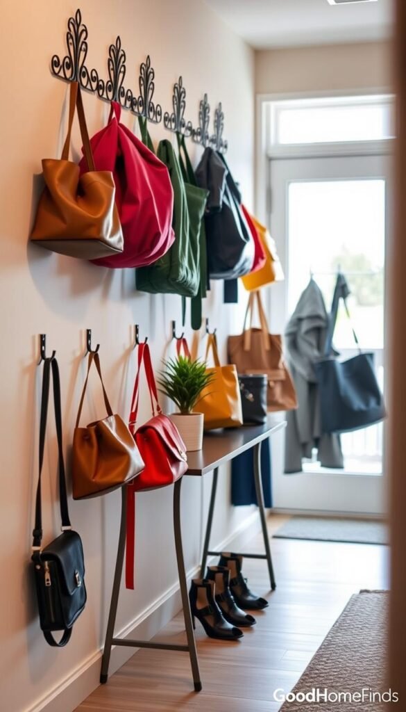 A modern, stylish entryway featuring decorative hooks for coats and bags on a light-colored wall. In the foreground, showcase several neatly hung jackets and an array of bags in vibrant colors, creating a welcoming atmosphere. The hooks should be elegantly designed, reflecting both functionality and aesthetics. In the middle, include a small, trendy console table adorned with a potted plant and a pair of stylish shoes placed next to it. The background features a bright, sunlit window, filtering soft daylight into the scene. The lens effect should evoke a slight bokeh, emphasizing the hooks while maintaining a cozy, inviting mood, perfect for a renter-friendly setup. Visualize this image as a Pinterest-style lifestyle photo with a subtle watermark of &ldquo;GoodHomeFinds&rdquo;.