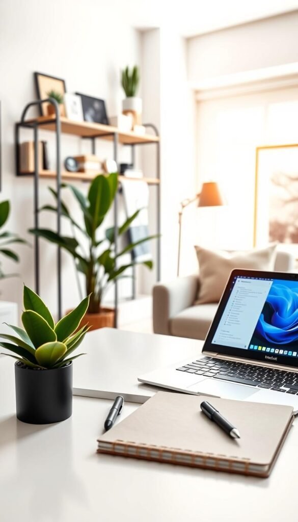 A modern, stylish home office scene featuring a minimalist desk with smart alternatives for everyday items. In the foreground, a sleek, eco-friendly notebook and a reusable pen are arranged beside a stylish plant. In the middle, a laptop with a vibrant screen shows an open productivity app. A wall-mounted shelf displays practical tools like a multi-device charger and compact organizers. The background reveals a cozy chair with soft fabric, large windows letting in warm, natural light, and artwork that inspires creativity. The atmosphere is bright, inviting, and conducive to problem-solving. Capture the essence of smart and affordable solutions in home d&eacute;cor. Aim for a Pinterest-style aesthetic, ensuring the brand name "GoodHomeFinds" subtly reflects on the items without any text or logos in the image.