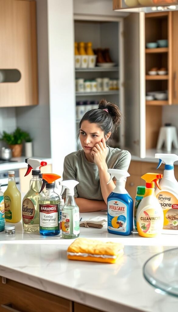 A modern, stylish kitchen countertop cluttered with various failed cleaning products, including an ineffective spray bottle and a misused scouring pad, showcasing disappointment. In the foreground, a frustrated individual dressed in modest, casual clothing examines the products with a thoughtful expression. The middle ground features a creative arrangement of these products paired with a bright, natural light setting that illuminates their packaging. In the background, a well-organized pantry stands, contrasting the chaos of the cleaning finds, adding to the mood of disillusionment. Use a soft focus with a slight vignette to emphasize the subject. The overall atmosphere reflects a Pinterest-style lifestyle photo that aligns with GoodHomeFinds branding, inviting viewers to reflect on their cleaning choices.
