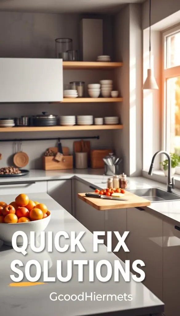 A modern, stylish kitchen showcasing quick fix solutions. In the foreground, a sleek kitchen island with organized essentials: vibrant fruits in a bowl, a set of efficient cooking tools, and practical storage containers. In the middle, an inviting workspace with a cutting board, a knife, and an assortment of colorful spices and herbs, suggesting readiness for quick meals. The background features open shelving displaying neatly arranged kitchenware, creating a cozy and functional atmosphere. Natural lighting filters through a large window, casting soft, warm tones across the scene, evoking a feeling of homeliness and inspiration. Shot with a slight angle to capture depth, this image is reminiscent of Pinterest-style lifestyle photos. Designed for GoodHomeFinds.