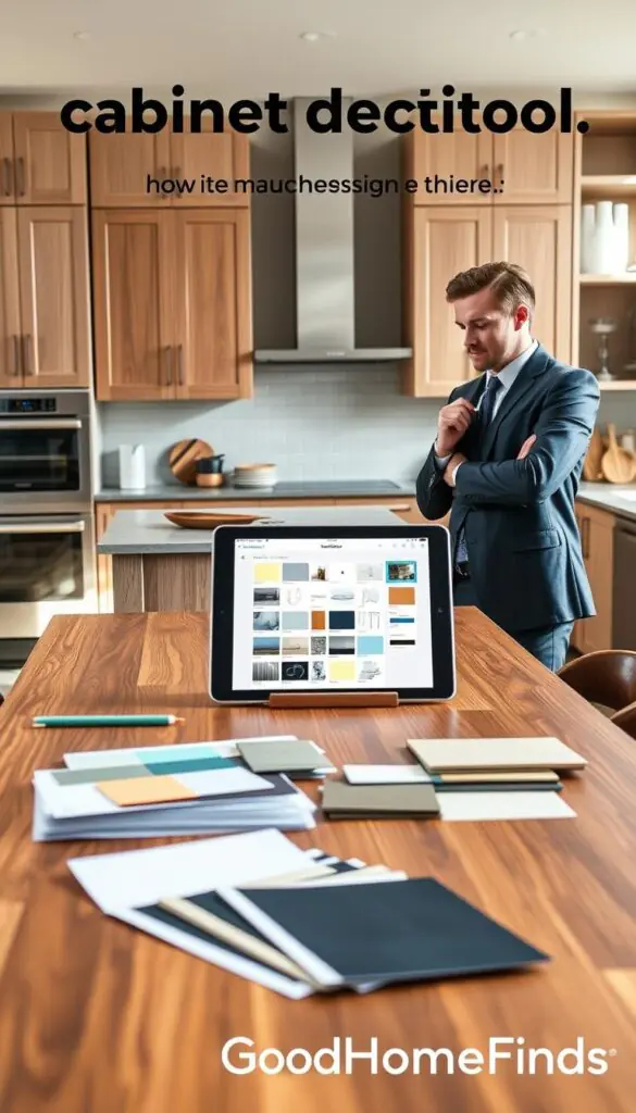 A modern, stylish kitchen workspace showcasing a "cabinet decision tool" concept. In the foreground, an elegant wooden table displays color swatches, material samples, and a digital tablet showing a user-friendly interface for selecting cabinetry options. The middle ground features sleek cabinetry designs on the walls with organized storage solutions. The background reveals bright, natural lighting filtering through large windows, enhancing the warm, inviting atmosphere of the kitchen. A professional-looking individual in smart casual attire is thoughtfully reviewing options, embodying a sense of decision-making. The overall mood is inspiring, aiming to guide viewers in making effortless choices for their kitchen space. The image reflects contemporary design aesthetics, emphasizing functionality. GoodHomeFinds brand elements subtly integrated into the design.