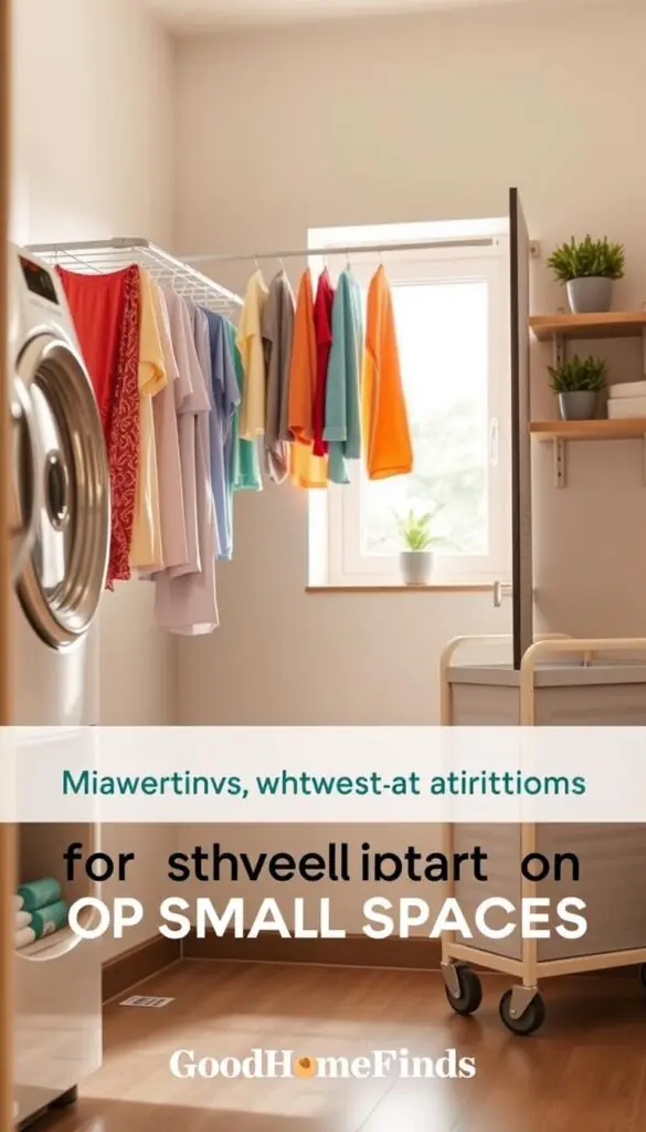A modern, stylish laundry room designed for small spaces, featuring a vertical drying rack filled with colorful clothes, a foldable drying screen to the side, and a sleek, compact roll-away drying cart. The foreground showcases a neatly organized laundry setup with a bright, airy feel. In the middle, natural light streams in through a small window, illuminating the drying clothes, creating soft shadows that enhance the ambiance. The background includes a minimalist shelf with laundry essentials and a potted plant for a touch of greenery. The scene is warm and inviting, evoking a sense of organization and efficiency. Photographed in a soft-focus style with a wide-angle lens, capturing the essence of innovative drying solutions for small homes. GoodHomeFinds branding subtly integrated into the design elements, ensuring a cohesive lifestyle aesthetic.