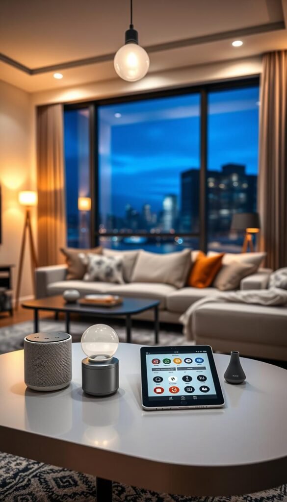 A modern, stylish living room illuminated by smart LED lighting features. In the foreground, a sleek, minimalist coffee table adorned with a smart speaker and a tablet highlighting a home automation app. The middle ground showcases a cozy seating area with a plush sofa and decorative cushions, softly illuminated with warm, adjustable smart light bulbs. In the background, large windows reveal a serene evening setting with cityscape silhouettes, while recessed lighting casts a gentle glow on the walls. The atmosphere is inviting and sophisticated, evoking a sense of comfort and innovation, perfect for a smart home lifestyle. Capture this scene in soft focus, using a wide-angle lens to emphasize space and warmth, inspired by the aesthetic of the brand "GoodHomeFinds".