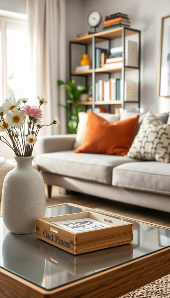 A modern, stylish living room scene highlighting the theme of saving money versus quality finds. In the foreground, a beautifully arranged coffee table displays a mix of affordable and high-quality items&mdash;a chic, inexpensive ceramic vase filled with fresh flowers beside an elegant, sturdy wooden box representing quality. In the middle ground, a cozy couch is accented with plush throw pillows, and a trendy rug adds warmth. In the background, a well-organized bookshelf shows a blend of budget-friendly decor and classic, timeless books. The lighting is soft and natural, emanating from a window, creating a warm, inviting atmosphere. Shot from a slight angle to capture depth, the composition feels homely yet sophisticated, perfectly embodying the concept of smart spending. The styling reflects the brand "GoodHomeFinds".