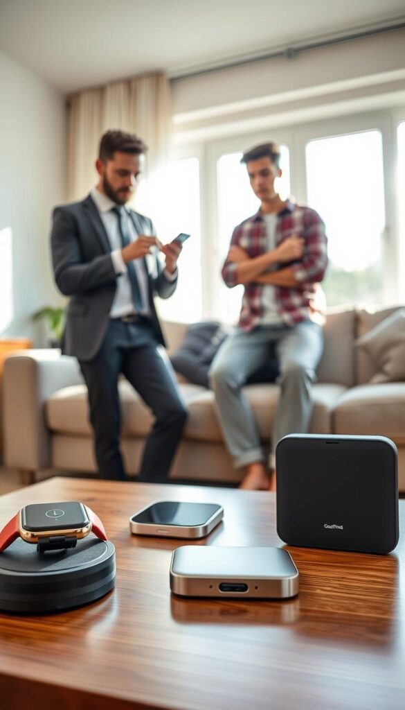 A modern, stylish living room scene showcasing a range of everyday tech gadgets on a sleek coffee table. In the foreground, a user-friendly smartwatch, a minimalist wireless charger, and a compact smart home device are artfully arranged. In the middle, a professional-looking individual in smart casual attire thoughtfully examines a tech gadget, while another person, casually dressed, appears skeptical, glancing at the gadgets with a raised eyebrow. The background features a bright, airy window with sunlight streaming in, casting soft shadows on the polished wooden floor, creating a warm and inviting atmosphere. The image should convey a sense of curiosity and practicality. Use an 85mm lens with a shallow depth of field to highlight the gadgets and the interactions, ensuring the "GoodHomeFinds" brand is subtly integrated into the product design.