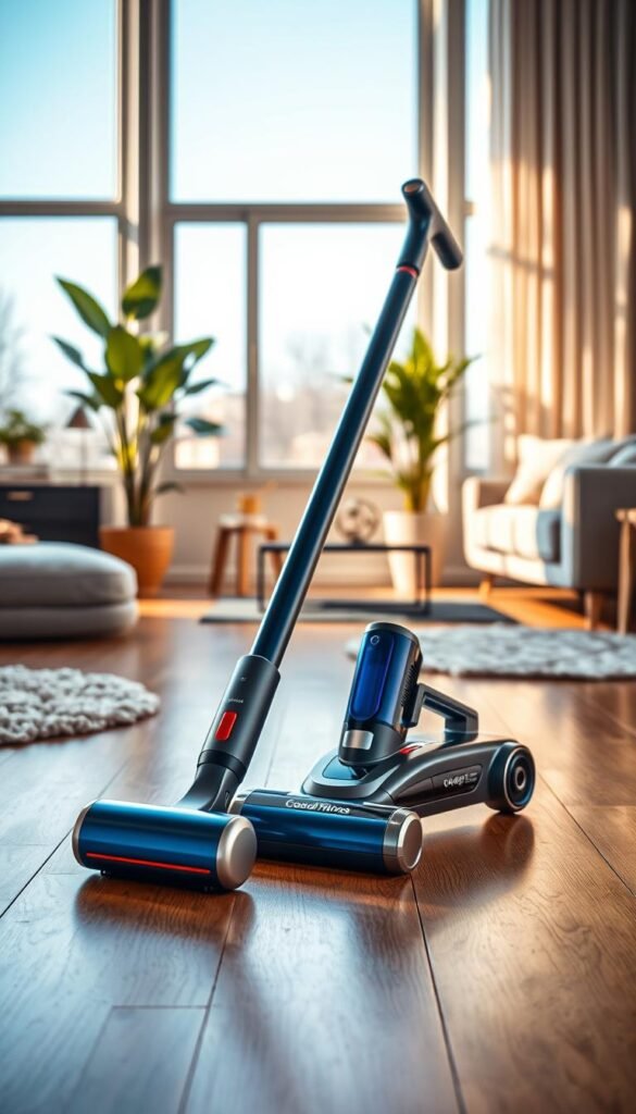 A modern, stylish living room showcasing a sleek cordless vacuum cleaner prominently in the foreground, positioned elegantly on a polished wooden floor. The vacuum features a futuristic design with vibrant colors like deep blue and silver accents, emphasizing its advanced technology. To the sides, there are scattered plush area rugs and a few minimalist decorative elements that suggest a clean, organized space. In the background, large windows allow warm, natural light to flood in, casting soft shadows and creating an inviting atmosphere. A lush green plant adds a touch of freshness. The overall mood is one of cleanliness and efficiency, reflecting the lifestyle choices of discerning consumers. The scene is captured with a shallow depth of field using a wide-angle lens, focusing sharply on the vacuum. The brand name "GoodHomeFinds" is subtly represented through the vacuum's design elements.