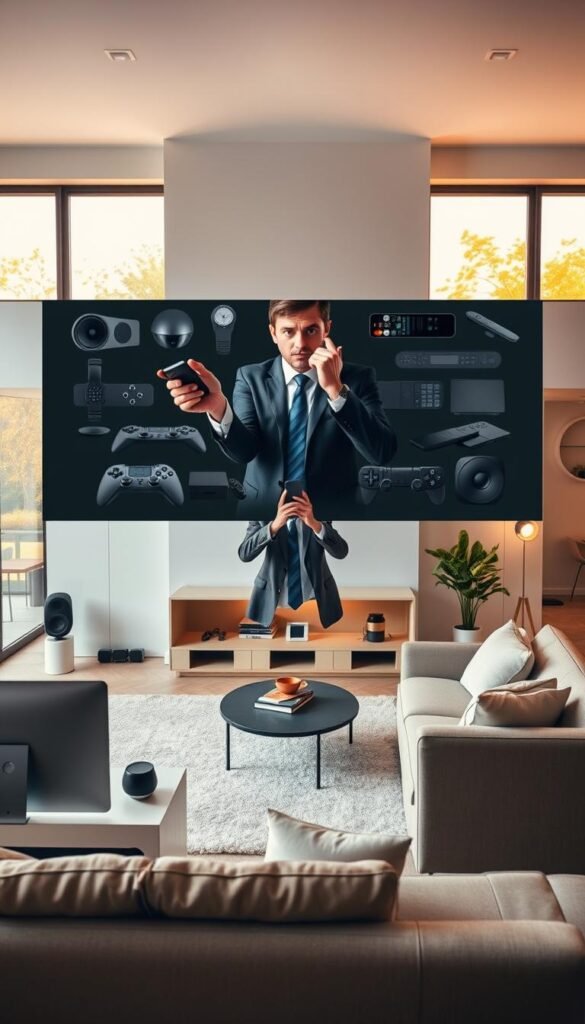 A modern, stylish living room showcasing how technology can both enhance and complicate home life, emphasizing the theme of control. In the foreground, sleek, minimalist furniture is arranged for comfort, with a high-tech smart TV and smart speakers. The middle section features a bewildered person in professional business attire, examining a confusing array of remote controls and smart devices, illustrating common tech mistakes. In the background, large windows let in warm, natural light, highlighting a vibrant, clutter-free space that feels both inviting and chaotic. The atmosphere is a blend of sophistication and mild frustration, captured in a soft, inviting color palette. The image embodies a lifestyle aesthetic typical of GoodHomeFinds, offering inspiration without any distractions like text or watermarks.