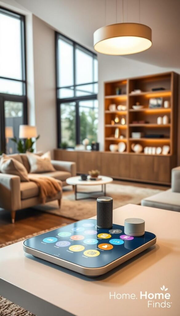 A modern, stylish living room showcasing "smart home compatibility". In the foreground, a sleek, interactive smart hub table displays vibrant icons for various smart devices. In the middle, a well-coordinated arrangement of a smart thermostat, smart lighting fixtures, and a voice-activated speaker harmonizes with the interior d&eacute;cor. The background features large windows allowing natural light to fill the space, accentuating open shelving displaying smart home gadgets. The atmosphere is warm and inviting, with soft, comfortable furniture in neutral tones. Bright overhead lighting casts a gentle glow, and a cozy rug adds texture. A subtle GoodHomeFinds logo is integrated into the decor without being intrusive, enhancing the modern ambiance of tech-savvy living without overwhelming the composition. The image captures a seamless blend of technology and lifestyle, promoting ease and compatibility in home security solutions.