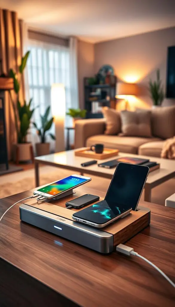 A modern, stylish phone charging station in a cozy family living room. In the foreground, a sleek, minimalist charging dock made of wood and brushed metal, equipped with multiple USB ports, and a smart charging indicator light. In the middle ground, a coffee table adorned with neatly arranged gadgets, including smartphones and tablets charging simultaneously, accompanied by a few family-friendly tech accessories. In the background, a softly lit, inviting living space with warm ambient light emanating from a floor lamp, plush furniture, and potted plants that enhance the cozy atmosphere. The scene captures a harmonious blend of technology and home comfort, showcasing solutions for clutter-free charging. High-resolution, shot at eye-level for an intimate perspective, emphasizing usability and style. GoodHomeFinds.