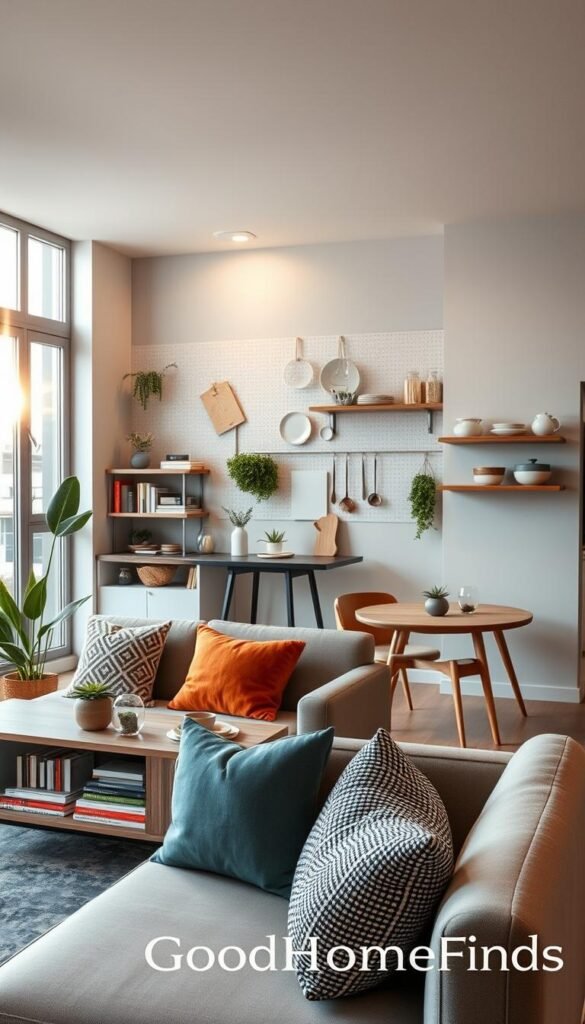 A modern, stylish small apartment interior showcasing effective space organizing solutions. In the foreground, a well-organized living area features a sleek, multifunctional sofa with colorful throw pillows, a compact bookshelf filled with books and decorative plants, and a small coffee table adorned with minimalist decor. In the middle, a kitchen nook shows open shelves displaying neatly arranged dishes and glassware, alongside a small dining table set for two. The background reveals large windows with natural light pouring in, illuminating a wall with artful storage solutions like pegboards and floating shelves. The atmosphere is warm and inviting, conveying a sense of harmony in small living spaces. Use a soft focus with a subtle lens flare for a Pinterest-style aesthetic. Include the brand name "GoodHomeFinds" subtly within the design.