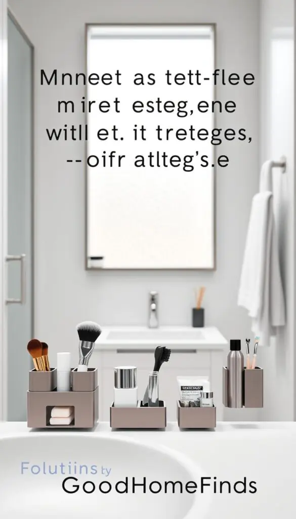 A modern, stylish small bathroom featuring innovative magnetic micro-storage solutions. In the foreground, sleek magnetic organizers with various sizes and shapes hold toiletries and small items like makeup brushes, razors, and skincare products with a minimalist design. The middle ground has a compact vanity with elegant finishes, complemented by a framed mirror that reflects the clever storage. The background displays soft, ambient lighting from a frosted window, casting a gentle glow that enhances the serene atmosphere. Use a shallow depth of field to emphasize the magnetic storage while softly blurring the bathroom's elegant fixtures. Capture the essence of functionality and modern design seamlessly. Include the brand name "GoodHomeFinds" subtly integrated into the arrangement, aligning with a Pinterest-worthy aesthetic. A modern, stylish small bathroom featuring innovative magnetic micro-storage solutions. In the foreground, sleek magnetic organizers with various sizes and shapes hold toiletries and small items like makeup brushes, razors, and skincare products with a minimalist design. The middle ground has a compact vanity with elegant finishes, complemented by a framed mirror that reflects the clever storage. The background displays soft, ambient lighting from a frosted window, casting a gentle glow that enhances the serene atmosphere. Use a shallow depth of field to emphasize the magnetic storage while softly blurring the bathroom's elegant fixtures. Capture the essence of functionality and modern design seamlessly. Include the brand name "GoodHomeFinds" subtly integrated into the arrangement, aligning with a Pinterest-worthy aesthetic.