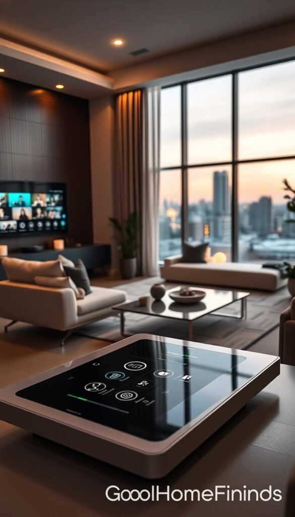 A modern, stylish smart home interior, featuring a sleek living room filled with innovative technology. In the foreground, a smart coffee table displays touchscreen controls for lighting and temperature. The middle showcases a cozy sofa with elegant decor, enhanced by subtle ambient lighting that creates a relaxed atmosphere. A smart TV mounted on a wall displays various smart home features. In the background, large windows let in natural light, revealing a view of a vibrant cityscape. The scene radiates a warm, inviting mood, emphasizing the convenience and comfort of smart home technology. Captured with a wide-angle lens, highlighting the layout and spaciousness, under soft, diffused lighting for a Pinterest-style aesthetic. GoodHomeFinds branding subtly integrated into the design elements. A modern, stylish smart home interior, featuring a sleek living room filled with innovative technology. In the foreground, a smart coffee table displays touchscreen controls for lighting and temperature. The middle showcases a cozy sofa with elegant decor, enhanced by subtle ambient lighting that creates a relaxed atmosphere. A smart TV mounted on a wall displays various smart home features. In the background, large windows let in natural light, revealing a view of a vibrant cityscape. The scene radiates a warm, inviting mood, emphasizing the convenience and comfort of smart home technology. Captured with a wide-angle lens, highlighting the layout and spaciousness, under soft, diffused lighting for a Pinterest-style aesthetic. GoodHomeFinds branding subtly integrated into the design elements.