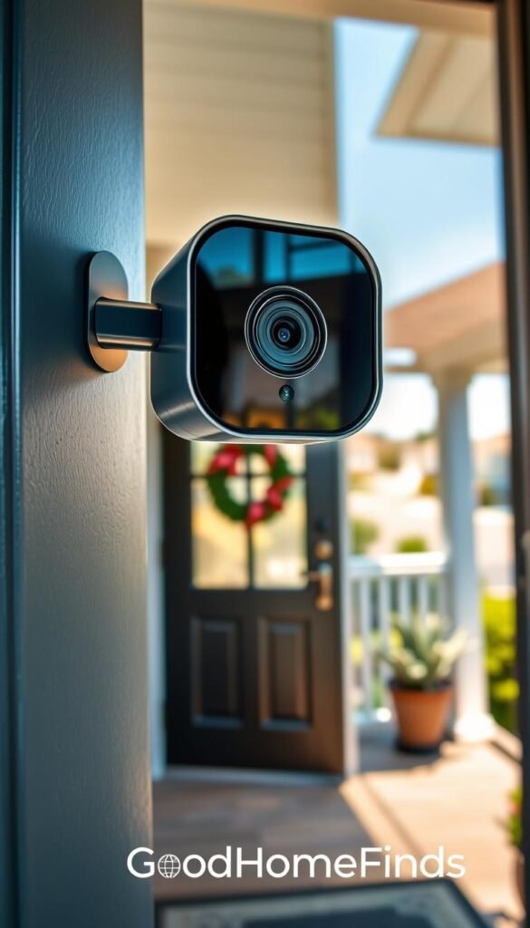 A modern, stylish video doorbell affixed to a trendy front door, prominently featuring sleek design and user-friendly interface. In the foreground, the doorbell's camera lens glimmers under soft, natural lighting, showcasing a polished surface. The middle ground reveals a welcoming entryway, adorned with a decorative wreath and potted plants, suggesting a safe and secure home environment. In the background, a peaceful suburban neighborhood is visible, with a hint of greenery and a clear blue sky, enhancing the serene atmosphere. The composition has a warm and inviting feel, ideal for a lifestyle photo. The branding "GoodHomeFinds" subtly integrated into the scene, reinforcing the smart gadget theme.