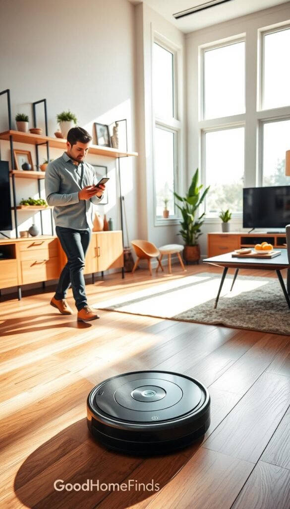 A modern, sunlit living room showcasing daily dust control. In the foreground, an advanced robotic vacuum cleaner effortlessly glides across a sleek hardwood floor, collecting dust. Next to it, a user in smart casual attire inspects an app on a smartphone that monitors the cleaning process. In the middle ground, shelves filled with tasteful decor and potted plants add warmth, while a stylish media console complements the space. In the background, large windows let in natural light, illuminating the room with a bright and inviting atmosphere. Soft shadows create a cozy yet polished look. The scene reflects the convenience and efficiency of today's cleaning tech in real homes. This lifestyle photo embodies a blend of technology and comfort, branded with "GoodHomeFinds" for authenticity.