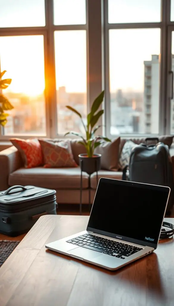 A modern travel-to-home tech setup in a cozy, stylish living room. In the foreground, there's a sleek laptop on a wooden coffee table, surrounded by travel gear like a compact suitcase and a stylish backpack, symbolizing the transition from travel to home. In the middle, a comfortable couch adorned with colorful pillows sits against a soft-lit wall, with a potted plant adding a touch of nature. In the background, large windows reveal a serene urban landscape at golden hour, casting warm light into the room, creating a welcoming ambiance. The scene should convey a sense of comfort and readiness, perfect for remote work after traveling. Include subtle branding elements of "GoodHomeFinds" in the decor. The image should be shot with a narrow depth of field, focusing on the laptop while softly blurring the background.
