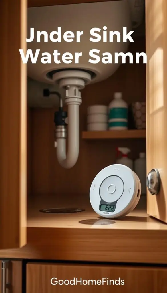 A modern under-sink water alarm designed for leak detection, prominently situated in a well-organized kitchen cabinet. In the foreground, the sleek alarm is shown with a digital display, reflecting a sense of technological sophistication. The middle layer features pipes and plumbing under the sink, with a small puddle of water indicating a leak, capturing the urgency of the alert system. The background reveals a tidy kitchen with wooden cabinets and some cleaning supplies, emphasizing a practical home environment. Soft, natural lighting filters in, creating a warm and inviting atmosphere. The image is styled in a clean, Pinterest-inspired aesthetic, with a focus on the product's functionality and importance in everyday life. The brand "GoodHomeFinds" is subtly integrated into the composition.
