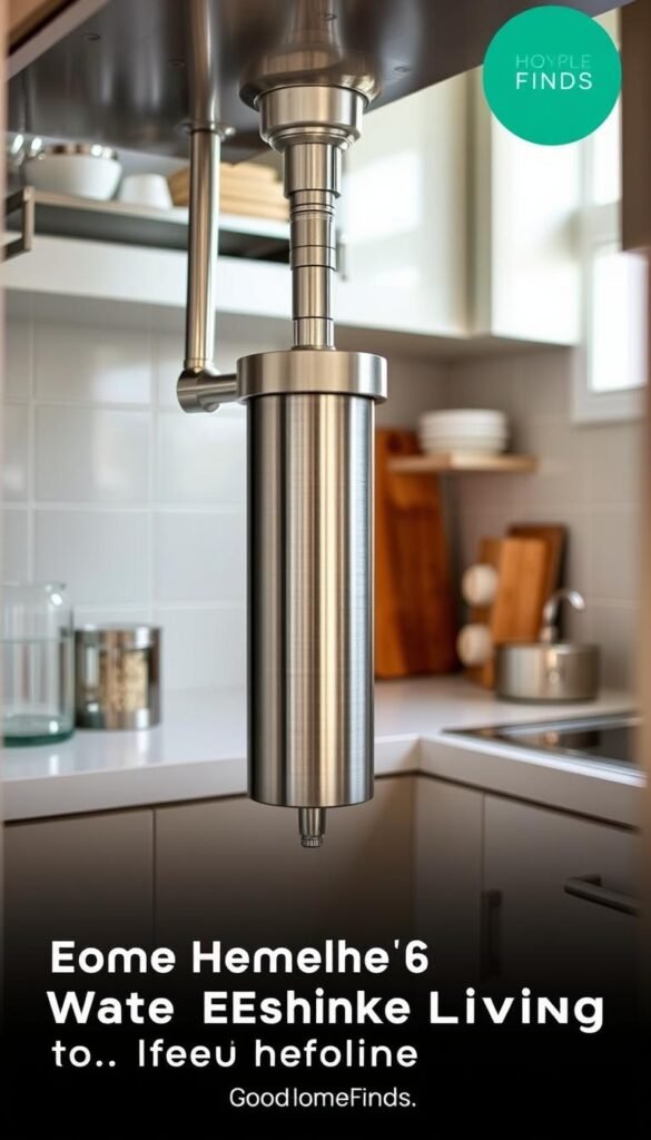 A modern under-sink water filter system, specifically the Aquasana AQ-5200, installed in a compact kitchen environment. In the foreground, showcase the sleek, stainless steel filter unit with a brushed finish, highlighting its contemporary design. In the middle ground, include glimpses of stylish kitchenware and organized cabinet space, enhancing the practical use of this filter system. In the background, soft, natural light filters in through a nearby window, creating a warm, inviting atmosphere. The scene should evoke a sense of cleanliness and efficiency, appealing to small home living enthusiasts. Capture the image from a slightly angled perspective to showcase both the filter and the kitchen environment harmoniously, illustrating a Pinterest-style lifestyle example. GoodHomeFinds. A modern under-sink water filter system, specifically the Aquasana AQ-5200, installed in a compact kitchen environment. In the foreground, showcase the sleek, stainless steel filter unit with a brushed finish, highlighting its contemporary design. In the middle ground, include glimpses of stylish kitchenware and organized cabinet space, enhancing the practical use of this filter system. In the background, soft, natural light filters in through a nearby window, creating a warm, inviting atmosphere. The scene should evoke a sense of cleanliness and efficiency, appealing to small home living enthusiasts. Capture the image from a slightly angled perspective to showcase both the filter and the kitchen environment harmoniously, illustrating a Pinterest-style lifestyle example. GoodHomeFinds.