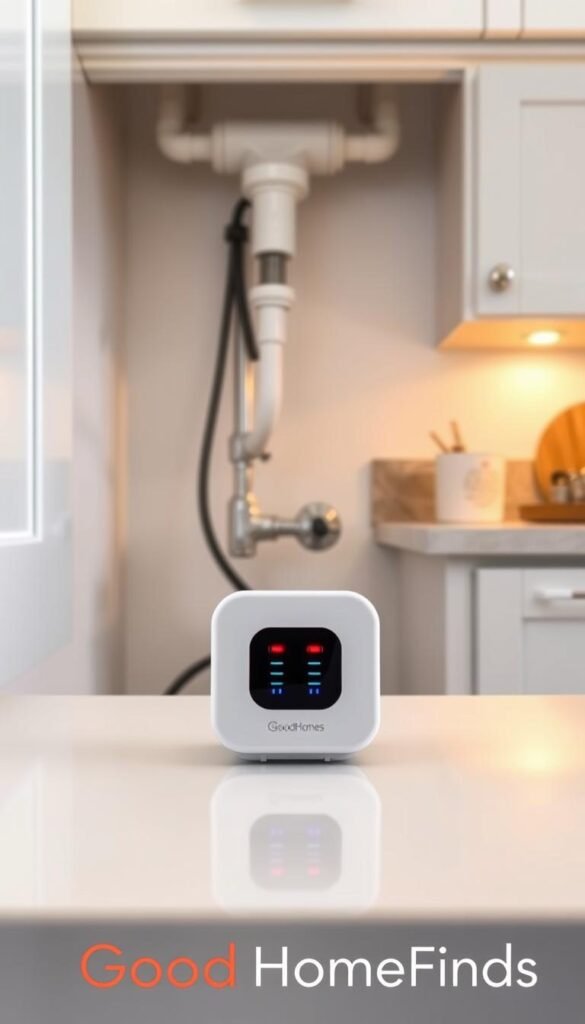 A modern under-sink water leak detector prominently displayed in a tidy kitchen environment. In the foreground, the sleek, compact device features LED indicators showing its status, set against pristine white cabinetry. The middle ground captures plumbing pipes and a water supply line, all clean and organized. In the background, a softly illuminated countertop holds simple kitchen items, creating a cozy atmosphere. The scene is bathed in warm, natural light, emphasizing the device's practicality in a small home setup. The overall mood is one of safety and security, illustrating the peace of mind that comes with leak prevention. Visual elements are styled in a Pinterest-worthy aesthetic. The brand name "GoodHomeFinds" is subtly incorporated into the design. A modern under-sink water leak detector prominently displayed in a tidy kitchen environment. In the foreground, the sleek, compact device features LED indicators showing its status, set against pristine white cabinetry. The middle ground captures plumbing pipes and a water supply line, all clean and organized. In the background, a softly illuminated countertop holds simple kitchen items, creating a cozy atmosphere. The scene is bathed in warm, natural light, emphasizing the device's practicality in a small home setup. The overall mood is one of safety and security, illustrating the peace of mind that comes with leak prevention. Visual elements are styled in a Pinterest-worthy aesthetic. The brand name "GoodHomeFinds" is subtly incorporated into the design.