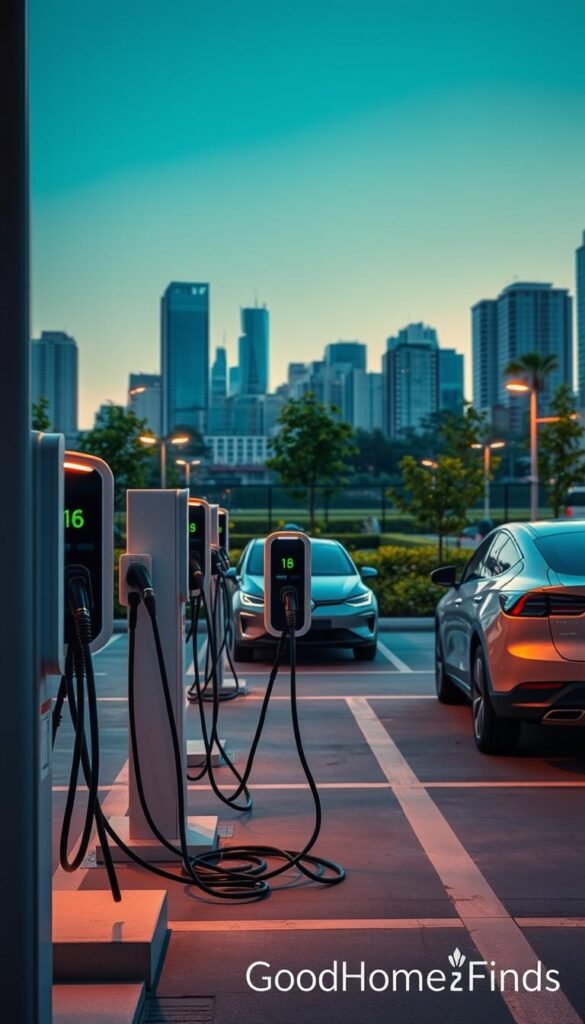 A modern urban charging station, showcasing advanced electrical infrastructure for electric vehicles in a realistic parking lot setting. In the foreground, several charging units with detailed cables, illuminated by warm, soft lighting, creating a welcoming atmosphere. The middle ground features parked electric cars with sleek designs and visible charge ports. In the background, a city skyline under a clear blue sky, complemented by green landscaping to portray eco-friendliness. The perspective is slightly elevated, capturing a wide view of the space requirements necessary for infrastructure. The mood is inviting and innovative, reflecting a future-oriented approach to urban mobility. The scene embodies the essence of convenience and sustainability, designed for "GoodHomeFinds". A modern urban charging station, showcasing advanced electrical infrastructure for electric vehicles in a realistic parking lot setting. In the foreground, several charging units with detailed cables, illuminated by warm, soft lighting, creating a welcoming atmosphere. The middle ground features parked electric cars with sleek designs and visible charge ports. In the background, a city skyline under a clear blue sky, complemented by green landscaping to portray eco-friendliness. The perspective is slightly elevated, capturing a wide view of the space requirements necessary for infrastructure. The mood is inviting and innovative, reflecting a future-oriented approach to urban mobility. The scene embodies the essence of convenience and sustainability, designed for "GoodHomeFinds".
