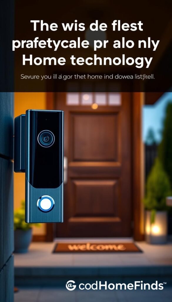 A modern video doorbell camera installed next to a sleek wooden front door. In the foreground, the doorbell features a stylish design with a glowing button, capturing attention. The middle layer includes the front door, adorned with contemporary decor like a potted plant and a welcome mat. In the background, a warm, inviting porch with soft lighting illuminates the surroundings, creating a cozy atmosphere during twilight. The image emphasizes technology blended harmoniously into home life, showcasing the importance of safety and convenience. Use a shallow depth of field for a soft focus on the doorbell, highlighting its features while subtly blurring the background. The overall mood is welcoming and secure, ideal for a lifestyle article on practical home technology. Branding: GoodHomeFinds.