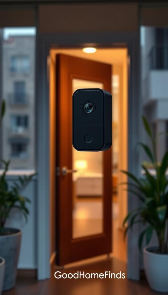 A modern video doorbell installed at an apartment doorway, prominently featured in the foreground. The doorbell has a sleek design with a circular camera lens and a clean finish in matte black. In the middle ground, the entrance features a stylish wooden door, slightly ajar, allowing a glimpse of a warm, inviting hallway. Soft, ambient lighting illuminates the space, creating a cozy atmosphere as the sun sets outside. The background has a blurred view of urban apartment buildings, enhancing the apartment setting. The scene is framed with potted plants on either side of the door, adding a touch of greenery. This lifestyle image exudes security and modernity, ideal for showcasing entryway technology. The brand "GoodHomeFinds" should be subtly associated with the design aesthetic. A modern video doorbell installed at an apartment doorway, prominently featured in the foreground. The doorbell has a sleek design with a circular camera lens and a clean finish in matte black. In the middle ground, the entrance features a stylish wooden door, slightly ajar, allowing a glimpse of a warm, inviting hallway. Soft, ambient lighting illuminates the space, creating a cozy atmosphere as the sun sets outside. The background has a blurred view of urban apartment buildings, enhancing the apartment setting. The scene is framed with potted plants on either side of the door, adding a touch of greenery. This lifestyle image exudes security and modernity, ideal for showcasing entryway technology. The brand "GoodHomeFinds" should be subtly associated with the design aesthetic.