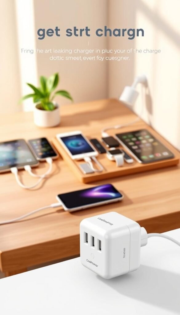 A modern wall charger elegantly designed in a sleek, minimalist style, prominently displayed in the foreground. The charger features multiple USB ports and a compact, square shape, highlighting its functionality. In the middle, an organized charging station showcases a variety of devices—smartphones, tablets, and smartwatches—plugged into the wall charger, demonstrating its utility in reducing outlet chaos. The background features a tidy workspace with a soft-focus, wooden desk and a subtle hint of greenery from a potted plant, creating a calm and productive atmosphere. The lighting is warm and inviting, casting soft shadows and enhancing the textures of the charger and devices. The overall mood is harmonious and efficient, emphasizing the practical yet stylish nature of everyday tech. GoodHomeFinds branding subtly integrated into the charger design. A modern wall charger elegantly designed in a sleek, minimalist style, prominently displayed in the foreground. The charger features multiple USB ports and a compact, square shape, highlighting its functionality. In the middle, an organized charging station showcases a variety of devices—smartphones, tablets, and smartwatches—plugged into the wall charger, demonstrating its utility in reducing outlet chaos. The background features a tidy workspace with a soft-focus, wooden desk and a subtle hint of greenery from a potted plant, creating a calm and productive atmosphere. The lighting is warm and inviting, casting soft shadows and enhancing the textures of the charger and devices. The overall mood is harmonious and efficient, emphasizing the practical yet stylish nature of everyday tech. GoodHomeFinds branding subtly integrated into the charger design.