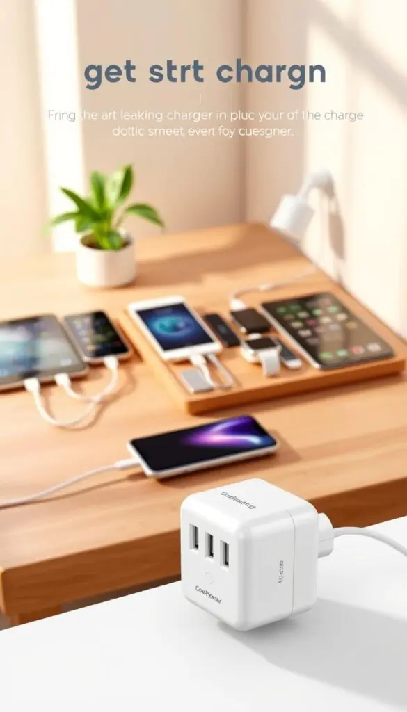 A modern wall charger elegantly designed in a sleek, minimalist style, prominently displayed in the foreground. The charger features multiple USB ports and a compact, square shape, highlighting its functionality. In the middle, an organized charging station showcases a variety of devices&mdash;smartphones, tablets, and smartwatches&mdash;plugged into the wall charger, demonstrating its utility in reducing outlet chaos. The background features a tidy workspace with a soft-focus, wooden desk and a subtle hint of greenery from a potted plant, creating a calm and productive atmosphere. The lighting is warm and inviting, casting soft shadows and enhancing the textures of the charger and devices. The overall mood is harmonious and efficient, emphasizing the practical yet stylish nature of everyday tech. GoodHomeFinds branding subtly integrated into the charger design.