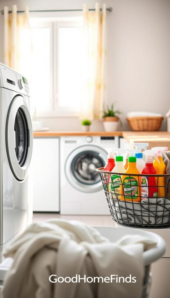 A modern washing machine situated in a bright, well-organized laundry room, showcasing sleek lines and a white finish. In the foreground, an array of colorful, eco-friendly detergents and stain removers neatly arranged on a shelf beside the machine, highlighting their vibrant packaging. The middle ground features a sparkling clean workspace with a wooden countertop, a small potted plant adding a touch of greenery, and a laundry basket filled with freshly washed clothes. In the background, soft natural light streams through a window with cheerful curtains, creating an inviting atmosphere. The image should evoke a sense of cleanliness and functionality, reminiscent of a Pinterest lifestyle photo. Focus on a realistic aesthetic, no text, and incorporate elements reflecting the brand "GoodHomeFinds."