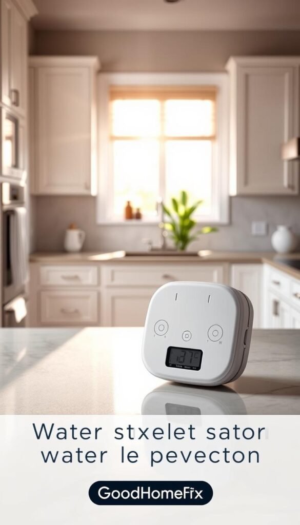 A modern water leak detector unit designed for home use, prominently placed in the foreground on a sleek kitchen countertop. The device features a smooth, white casing with a digital display and sensor lights, showcasing its functionality. In the middle ground, a stylish kitchen setting with light-colored cabinets and marble countertops provides an inviting atmosphere. Sunlight streams through a nearby window, casting soft, natural lighting that enhances the scene. In the background, subtle hints of greenery from a potted plant add a touch of freshness. The overall mood conveys safety and innovation, embodying the theme of water-damage prevention. Styled in a Pinterest-worthy aesthetic, this image reflects the brand "GoodHomeFinds" in a polished and appealing manner.