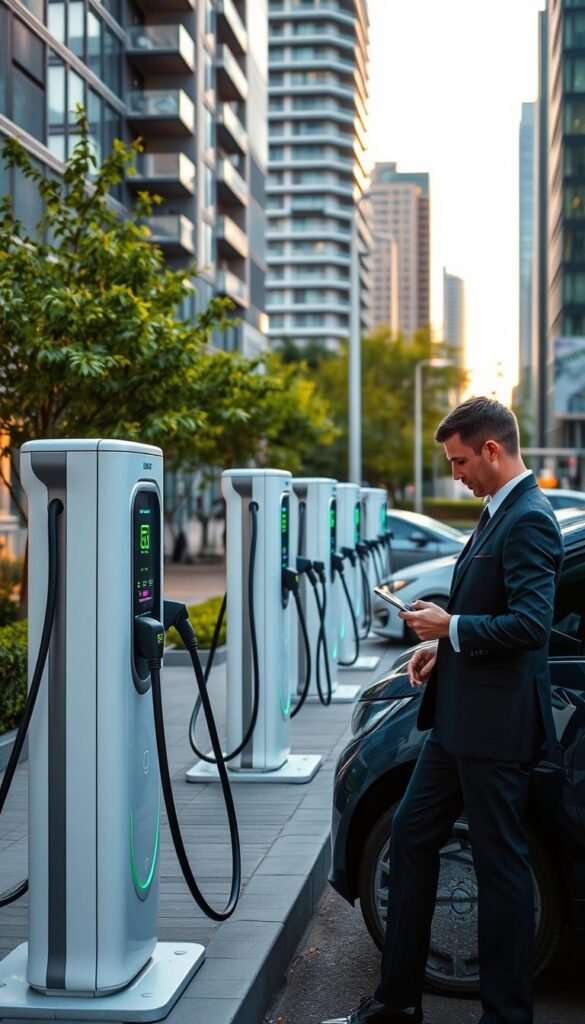A modern, well-lit electric vehicle charging station set in an urban environment, featuring sleek, stylish charging units with integrated LED displays. In the foreground, a person in professional business attire stands beside their electric vehicle, checking the charging status on their smartphone. In the middle ground, a row of clean, eco-friendly charging stations showcases innovation and technology, while a few electric cars are parked nearby. The background depicts a vibrant cityscape with greenery and modern architecture, bathed in soft, natural light suggesting an early evening setting. The overall mood conveys a sense of progress and sustainability, highlighting the convenience and benefits of modern charging solutions. Capture this scene with a wide-angle lens to emphasize the charging station's significance within the community. GoodHomeFinds.
