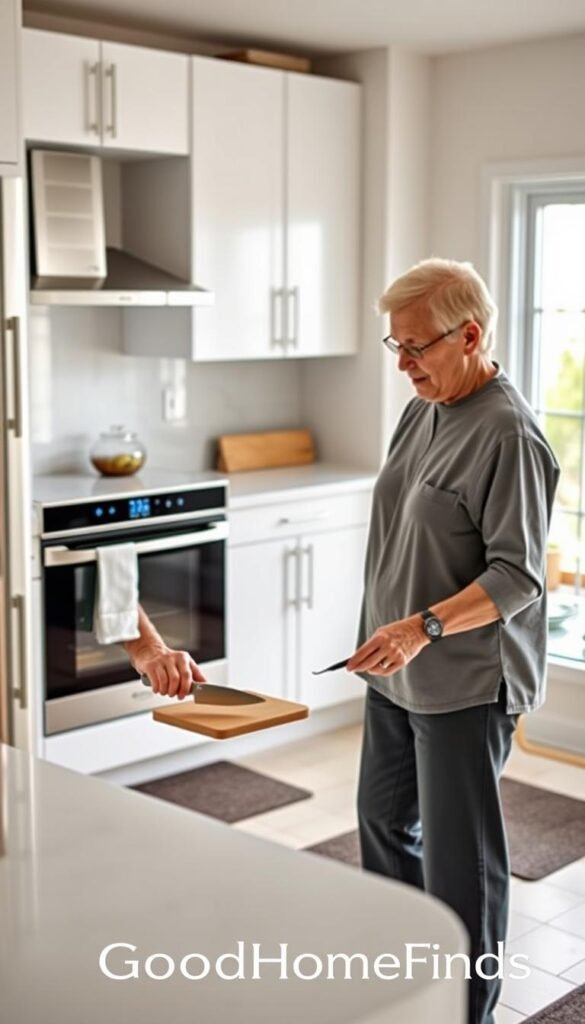 A modern, well-lit kitchen designed for seniors, showcasing innovative kitchen tech for safer cooking. In the foreground, a senior person in modest casual clothing is using an ergonomic kitchen tool, like a high-tech knife or a safety cutting board, with an emphasis on ease of use. The middle ground features smart appliances such as a touch-screen oven with large, clear buttons and an automatic stovetop with safety features. In the background, bright windows allow natural light to flood the room, highlighting a clean, uncluttered space with safety mats on the floor. The overall atmosphere is inviting and reassuring, promoting safety and independence in cooking for seniors. A subtle brand logo &ldquo;GoodHomeFinds&rdquo; can be discreetly integrated into the kitchen design elements.