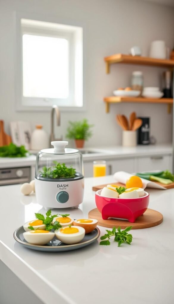 A modern, well-lit kitchen featuring a stylish DASH Rapid Egg Cooker on a pristine countertop, surrounded by fresh ingredients like eggs, herbs, and vegetables. The appliance is prominently displayed in the foreground, showcasing its sleek design with a clear lid and bright color accents. In the middle ground, a freshly plated breakfast of perfectly boiled eggs, garnished with greens, adds a vibrant touch. The background includes soft-focus kitchen elements like a cookbook and utensils on open shelves, creating a warm, inviting atmosphere. Natural light streams in through a nearby window, highlighting the crisp, clean aesthetics of the space. The overall mood conveys efficiency and homey comfort, perfect for quick breakfasts. Capture this scene with a slightly elevated angle to enhance depth and clarity. GoodHomeFinds.