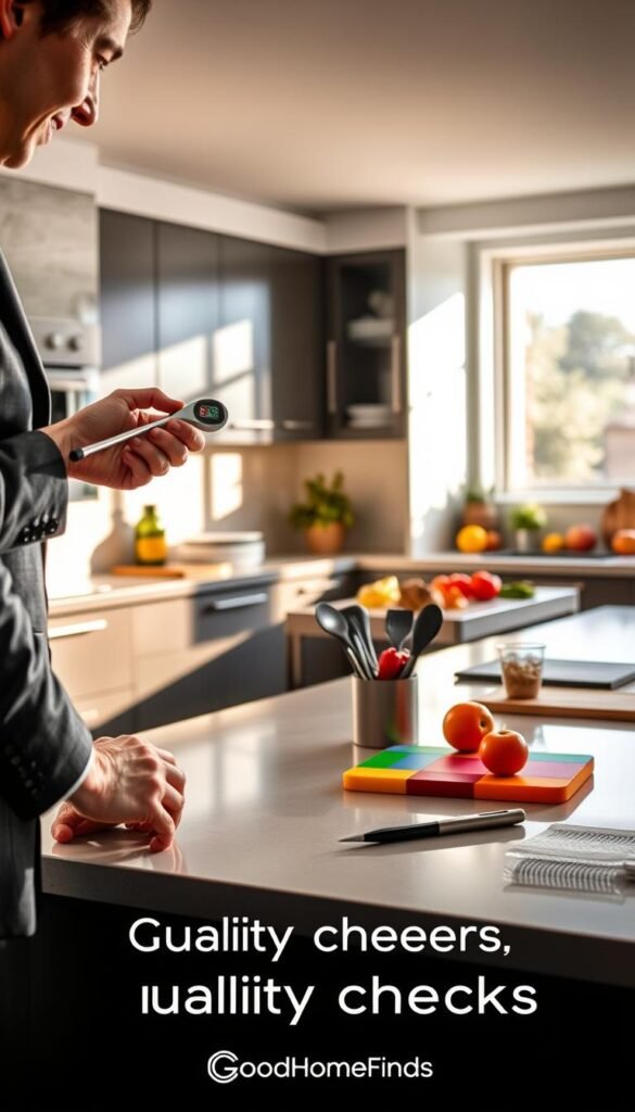A modern, well-lit kitchen showcasing essential kitchen safety tools and quality checks in action. In the foreground, a person in professional business attire inspects a set of freshly cleaned kitchen utensils, ensuring they meet high standards. On the kitchen counter, a digital thermometer and a color-coded cutting board emphasize food safety. In the middle, a spacious island with neatly arranged food items, including fresh produce and properly stored ingredients, highlights quality checks. The background features sleek cabinets and contemporary appliances, bathed in warm, natural light streaming through a window, creating an inviting atmosphere. The overall mood is professional yet approachable, reflecting the brand "GoodHomeFinds" with an emphasis on both safety and quality in kitchen practices. A modern, well-lit kitchen showcasing essential kitchen safety tools and quality checks in action. In the foreground, a person in professional business attire inspects a set of freshly cleaned kitchen utensils, ensuring they meet high standards. On the kitchen counter, a digital thermometer and a color-coded cutting board emphasize food safety. In the middle, a spacious island with neatly arranged food items, including fresh produce and properly stored ingredients, highlights quality checks. The background features sleek cabinets and contemporary appliances, bathed in warm, natural light streaming through a window, creating an inviting atmosphere. The overall mood is professional yet approachable, reflecting the brand "GoodHomeFinds" with an emphasis on both safety and quality in kitchen practices.